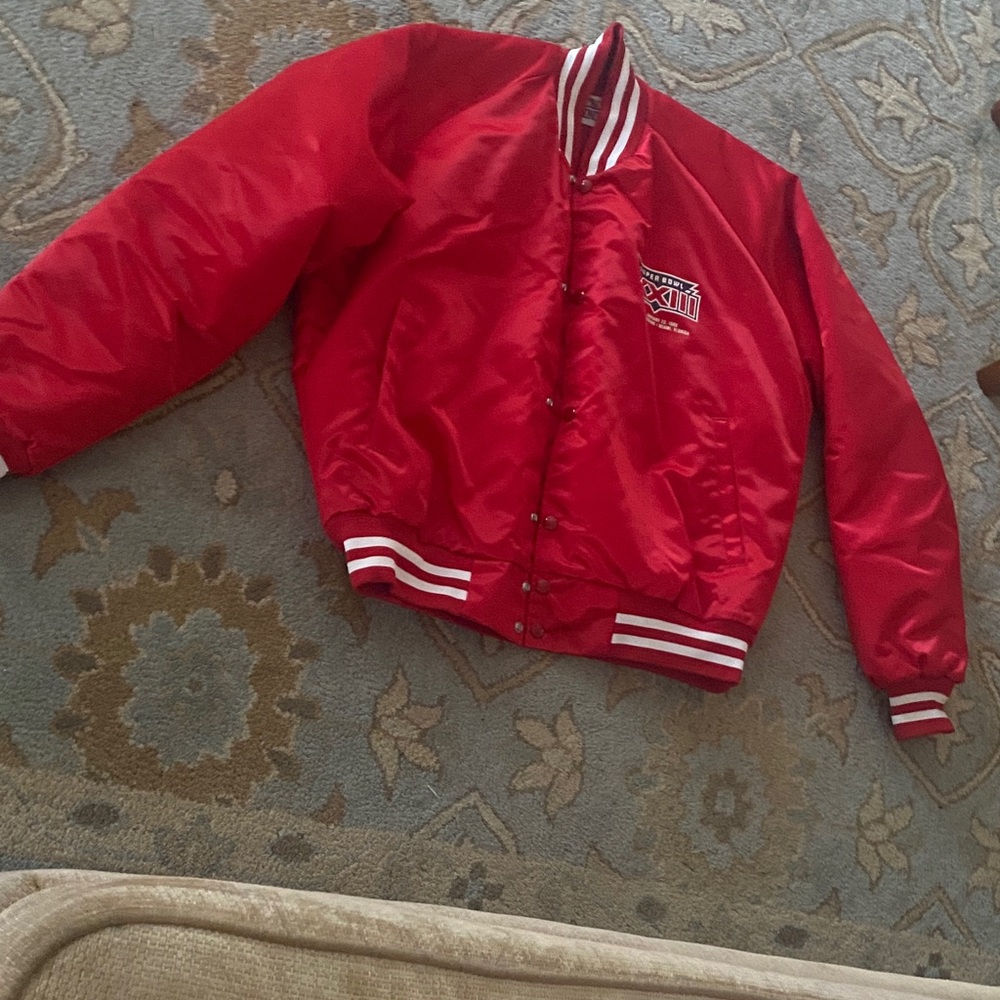 1989 Super Bowl XXXII Red Satin Bomber Jacket with Striped Trim L $130